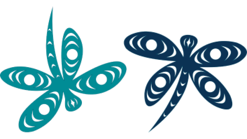 Abstract teal and navy blue dragonfly illustrations.