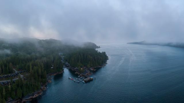 Aerial view of Port Renfrew on a cloudy day.