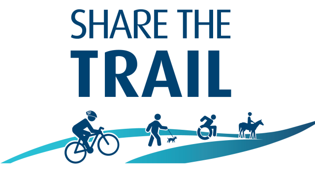 Share the Trail identifier includes cycling, pedestrian with dog, wheelchair, and horse rider along a path