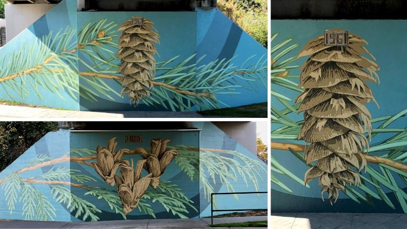 Helmcken Trestle mural, "Genera" by Collin Elder; more details provided in description below.