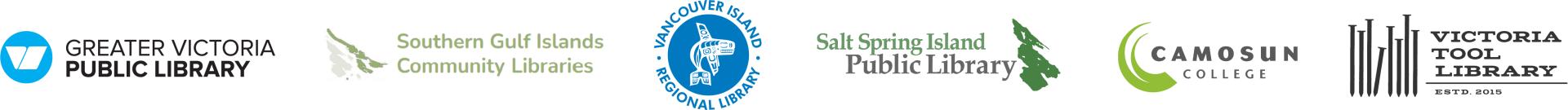 Greater Victoria Public Library, Southern Gulf Islands Community Libraries, Vancouver Island Regional Library, Salt Spring Public Library, Camosun College and Victoria Tool Library Logos